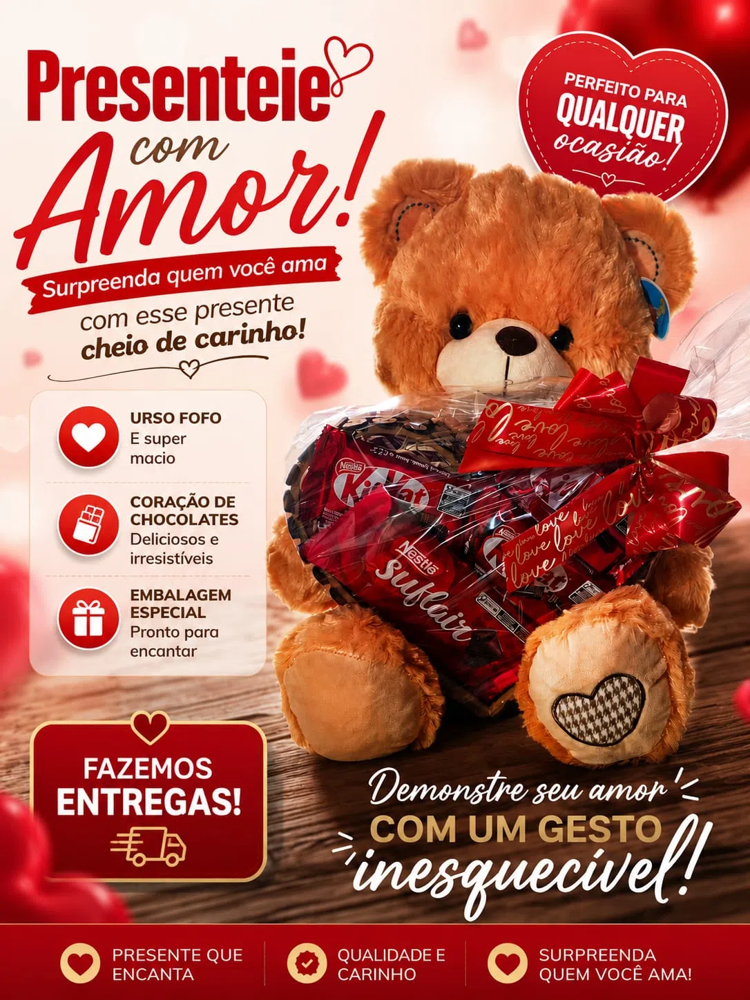 Cesta artesanal com café da manhã, flores frescas e pães