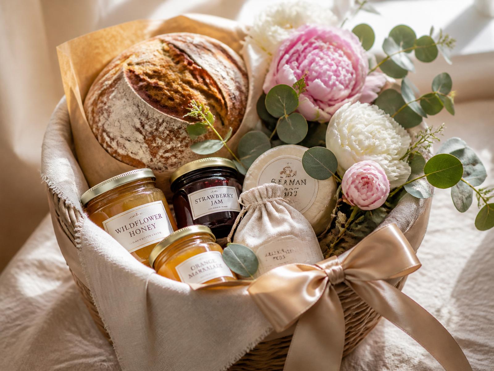 Cesta artesanal com café da manhã, flores frescas e pães